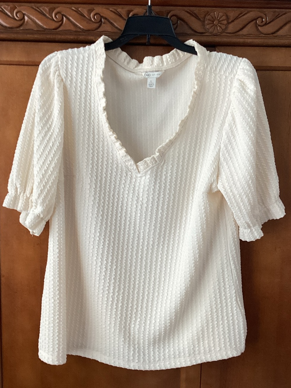 Cato Cream Textured V-Neck Ruffle Sleeve Blouse